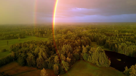 Una-Toma-Aérea-De-Un-Dron-De-Un-Doble-Arco-Iris-Sobre-Un-Paisaje-Forestal-En-Letonia