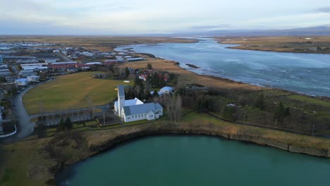 Scenic-landscape-of-Reykjavik-on-the-coast-of-Iceland,-Drone-Shot