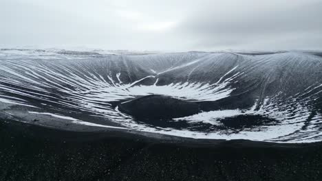 Drone-shot-revealing-landscape-of-Hverfjall-Volcano-Crater-in-winter,-Iceland