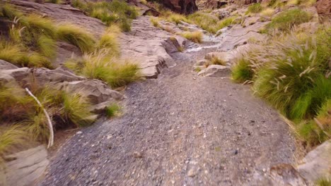 Dry-river-bed-with-rocks-and-grass-in-Tenerife,-aerial-drone-view