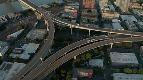 Overhead-aerial-shot-over-large-car-bridge-approach-intersection-Portland-USA