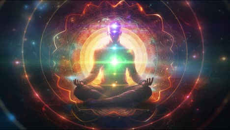 Meditierende-Person-Mit-Leuchtenden-Sieben-Chakren-Auf-Einem-Kosmischen-Energiehintergrund
