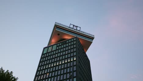 Famous-A'DAM-Tower-Observation-Deck-During-Sunset-In-Overhoeksplein,-Amsterdam,-Netherlands