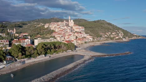 Cervo-on-mediterranean-riviera-with-breakwaters-protecting-beaches,-Italy