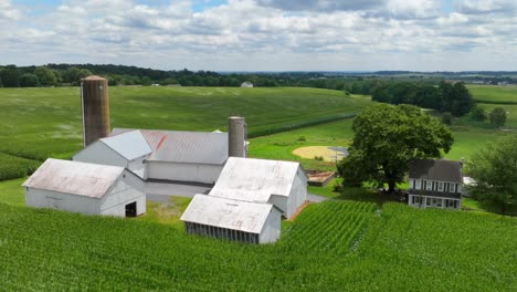 Aerial-hyperlapse-of-family-farm-in-rural-USA-surrounded-by-cornfields-in-summer