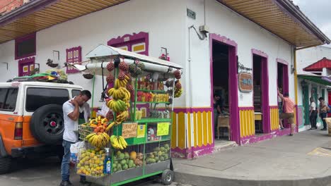 Street-fruits-vendor-standing-in-front-of-typical-colorful-house-of-Salento,-Colombia