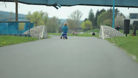 A-fair-haired-toddler-boy-rides-a-kickback-scooter-along-the-asphalt-path-in-the-park