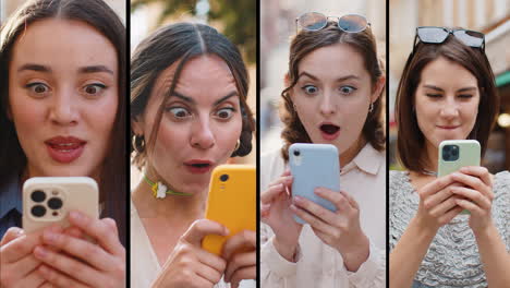 Collage-Aus-Lächelnden,-Glücklichen-Weiblichen-Frauen,-Die-Ein-Mobiles-Smartphone-Nutzen,-Um-Den-Gewinn-Einer-Guten-Nachricht-Zu-Feiern