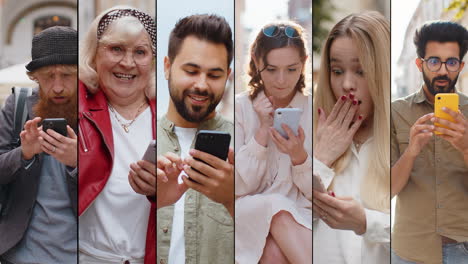 Collage-De-Gente-Feliz-Y-Sonriente,-Hombres-Y-Mujeres,-Usan-Un-Teléfono-Inteligente-Móvil-Para-Celebrar-Ganar,-Buenas-Noticias,-Jugar.