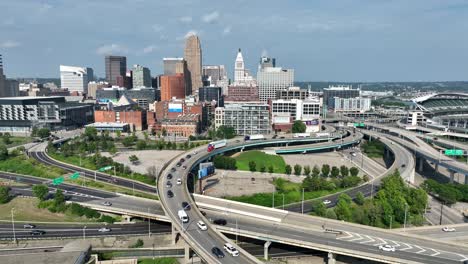 Concrete-jungle-of-highways-with-Cincinnati,-Ohio-skyline-in-distance