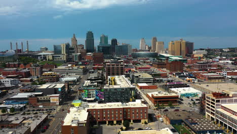 Aerial-view-overlooking-the-cityscape-of-Kansas-city,-sunny-day-in-Missouri,-USA
