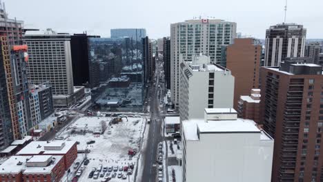 Aerial-view-of-Ottawa-with-roads-blocked-by-truck-drivers-from-the-"Freedom-convoy