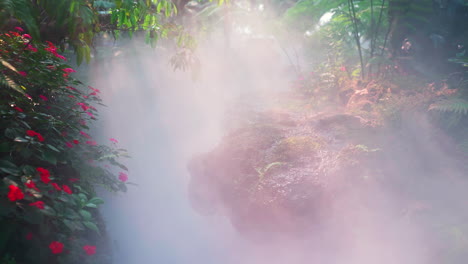 Nebel-Umhüllt-Den-Tropischen-Dschungelbach-Mit-üppigem-Laub-Und-Blumen