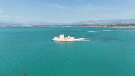 Aerial-footage-of-Bourtzi-water-castle-in-Greece