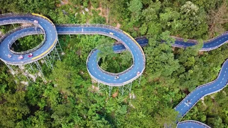 Top-View-of-curved-Kart-Race-Track-in-Amusement-Park,-Tonglu,-China