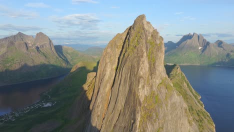 Rugged-Landscape-Of-Segla-Mountain-In-Senja,-Norway---aerial-drone-shot