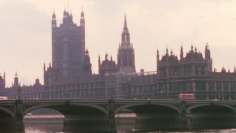 London-view-in-the-1960’s,-Thames,-Westminster-Bridge-and-Big-Ben,-handheld