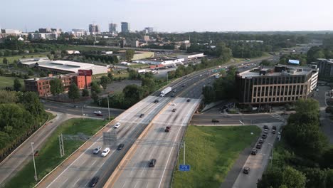 Charlotte,-North-Carolina,-Highway-Traffic-With-Skyline-in-Background-From-Aerial-Drone