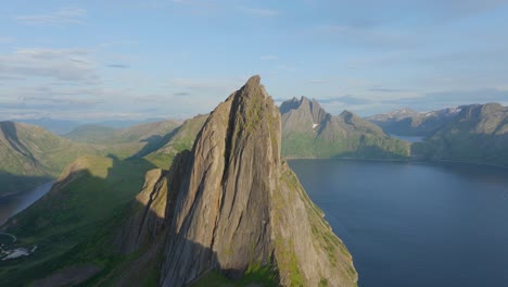 Aerial-View-Of-Segla-Mountain-Peak-In-Senja-Island,-Norway---drone-shot