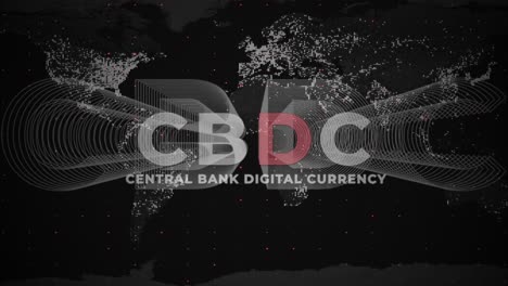 Animation-Des-Logos-Der-Digitalen-Währung-Der-Zentralbank-Mit-Globalen-Erdkarten-Auf-Schwarzem-Hintergrund,-Die-Die-Zunehmende-Beliebtheit-Bei-Transaktionen-Zeigt