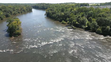 Epic-Aerial-Shot-of-Small-River-Rapids-Catawba-River,-North-and-South-Carolina