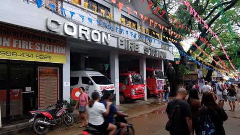 Fire-station-with-emergency-service-fire-trucks-in-Coron-Town,-Palawan-in-the-Philippines,-Southeast-Asia