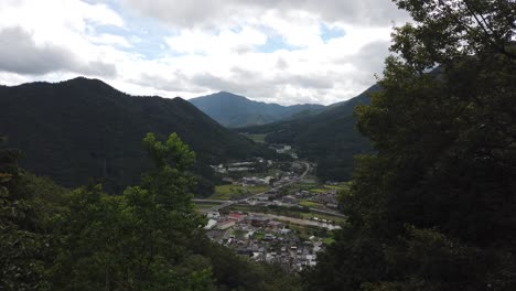 High-angle-view-of-asago-japan,-village-between-valley-establishing-shot