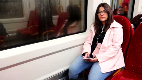 Woman-in-train-with-pink-raincoat-and-a-phone