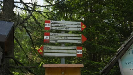 Sign-indicating-directions-in-Italy.-Background-with-trees