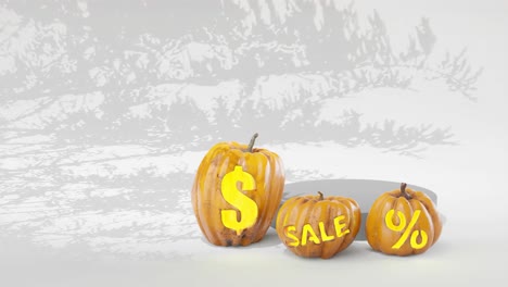 Halloween-Verkaufshintergrund,-Cooles-Banner-Für-Halloween-Feiertage-Oktoberverkäufe,-Geschnitzte-Kürbisverkaufsvisualisierung,-Grauer-Hintergrund-Mit-Baumschatten,-Dollarzeichen,-Verkaufsprozentsatz,-3D-Animationswiedergabe