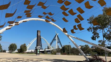 Archway-at-Optus-Perth-Stadium-looking-back-at-Matagarup-Bridge,-Perth-Western-Australia