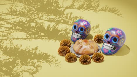 Day-of-The-Dead-Festival,-Dia-de-Muertos-,-Design-Mockup,-Mexico,-Skulls,-Traditional-Floral-and-Pastry,-Yellow-Background