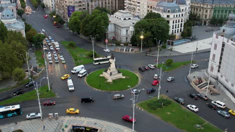 Aerial-View-of-Traffic-in-University-Square,-Bucharest,-Romania