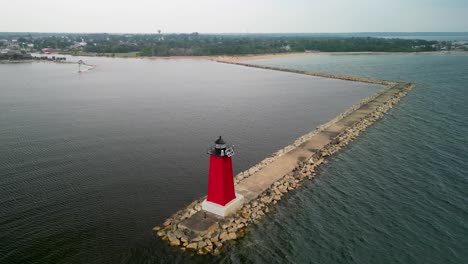 Aerial-descent-of-Manistique-lighthouse,-Michigan