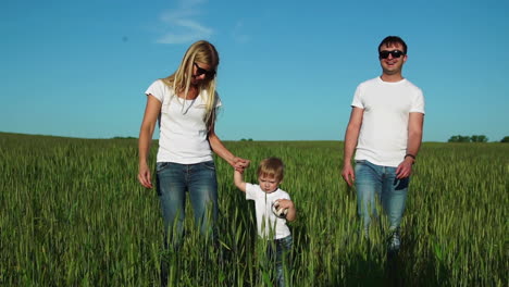Junge-Eltern-Gehen-Mit-Weizenährchen-In-Weißen-T-Shirts-Und-Jeans-Aufs-Feld