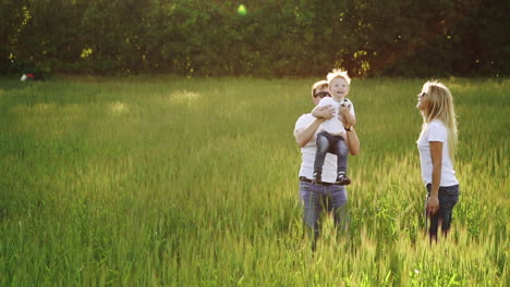 Family-Walking-In-Field-Carrying-Young-Baby-Son