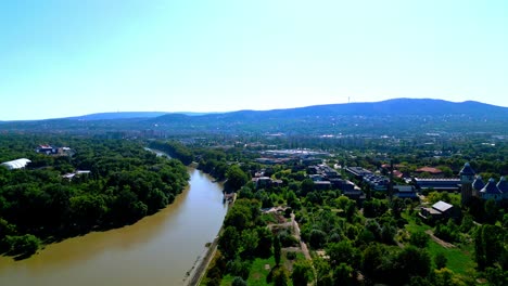 Tranquil-River-In-Obuda-Island,-Budapest,-Hungary---aerial-shot