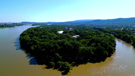 Óbuda-Island,-Location-Of-Sziget-Festival-In-Budapest,-Hungary---aerial-drone-shot