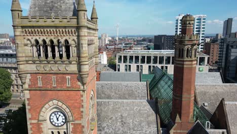 Aerial-drone-flight-alongside-Manchester-Crown-Court-Clocktower-rooftop