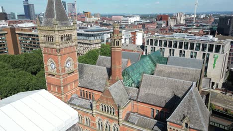 Aerial-drone-flight-around-the-rooftop-of-Manchester-Crown-Court-building-on-Minshull-Street