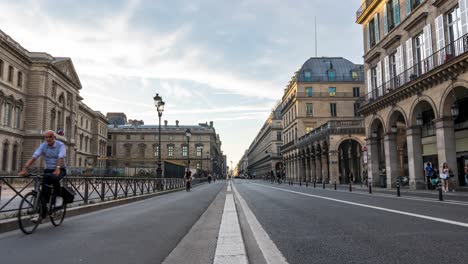 Time-Lapse-of-New-Bicycle-Road-on-Rue-de-Rivoli-in-Central-Paris:-Cars-Blocked-Off,-Massive-Bike-Highway-Showcases-Urban-Sustainability-and-Cycling-Culture