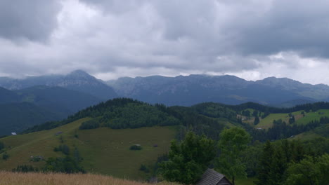 Panoramic-view-of-high-mountains-in-the-distance,-green-meadows-with-fir-forests,-and-abandoned-old-houses-under-a-cloudy-sky