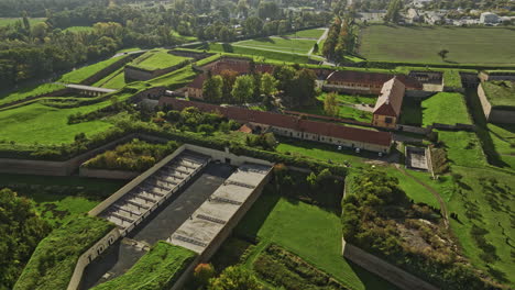 Terezin-Czechia-Aerial-v1-birds-eye-view,-flyover-and-around-Theresienstadt-concentration-camp-capturing-exterior-details-of-each-quarters-within-the-grounds---Shot-with-Mavic-3-Cine---November-2022
