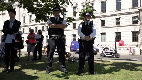In-slow-motion-two-Metropolitan-police-officers-stand-in-the-shade-under-a-tree-as-they-monitor-a-gathering-protest-on-Parliament-Square-during-a-heat-wave