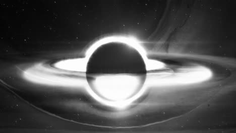 Schwarz-Weiß-Animation-Eines-Supermassereichen-Schwarzen-Lochs-Mit-Einer-Materiescheibe-Am-Ereignishorizont