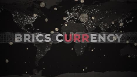 Animation-Der-Digitalen-Währung-Der-BRIC-Staaten-Mit-Einer-Weltkarte-Des-Planeten-Im-Hintergrund,-Die-Die-Vormachtstellung-Des-US-Dollars-Bei-Globalen-Transaktionen-Kontrastiert