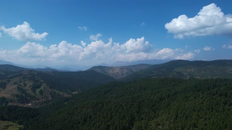 Paisaje-Forestal-Salvaje-De-Pinos-Verdes-En-Montañas-Bajo-Nubes-Y-Cielo-Azul,-Increíble-Fondo-Natural-En-Albania