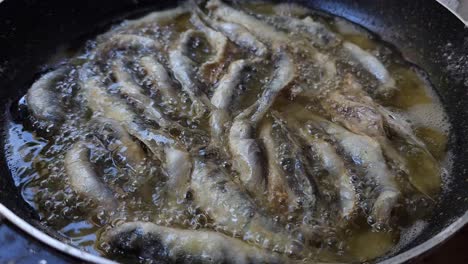 Freshly-caught-sardine-fish-from-fishermen-with-boats-and-nets-fishing-on-the-shores-of-the-Mediterranean-Sea-is-being-fried-in-a-pan-for-a-delicious-lunch