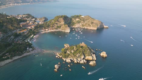 Fixed-Aerial-View-of-Isola-Bella,-Sicily,-Italy