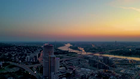 Belgrade-Waterfront-During-Sunset,-Golden-Evening-in-Capital-of-Serbia,-Construction-Pano